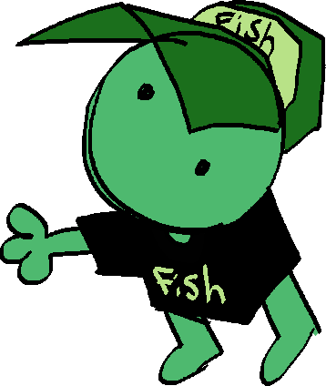 creature with 2 beady eyes bluegreen skin a black shirt that says fish and a green baseball cap that also says fish